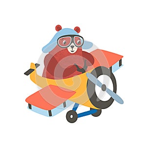 Little bear on airplane flat vector illustration. Happy small grizzly flying on aircraft. Aviating cartoon mammal photo