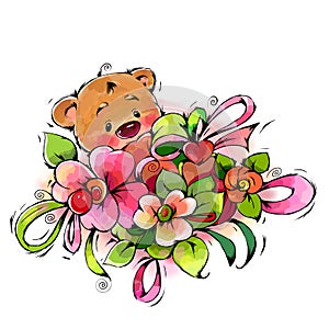 Little bear with a bouquet of beautiful flowers