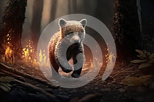 A Little Bear Cub Runs Out Of A Burning Forest. Generative AI