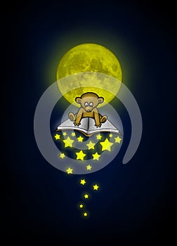 Little bear flies on a magical book with a falling stars illuminated by the moonlight