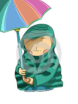 Little bear in a raincoat with an umbrella