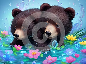 little bear siblings sitting on the water with flower in the morning