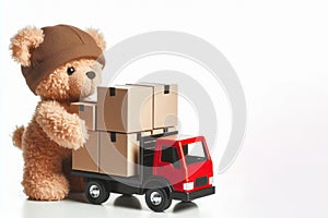 Little bear stacks cardboard boxes on a truck. Place for text.