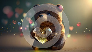 Little bear toy holds heart in paws on colorful lens flare background, cute teddy bear