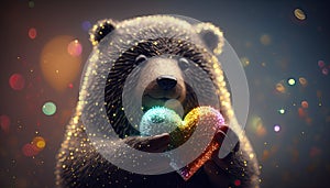 Little bear toy holds heart in paws on colorful lens flare background, cute teddy bear