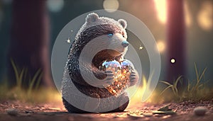 Little bear toy holds heart in paws on colorful lens flare background, cute teddy bear