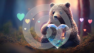 Little bear toy holds heart in paws on colorful lens flare background, cute teddy bear