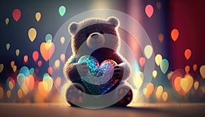Little bear toy holds heart in paws on colorful lens flare background, cute teddy bear