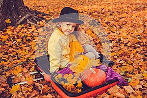 Little beautiful blond girl with big pumpkin in autumn background