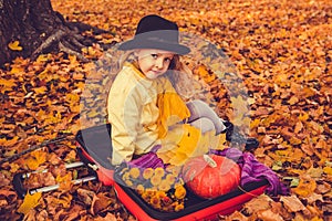 Little beautiful blond girl with big pumpkin in autumn background