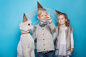 Little beautiful girl and handsome boy with dog celebrate birthday. Friendship. Family. Studio portrait over blue background