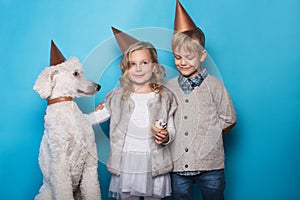 Little beautiful girl and handsome boy with dog celebrate birthday. Friendship. Family. Studio portrait over blue background