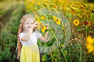 A little beautiful girl holds a sunflower in a field in summer