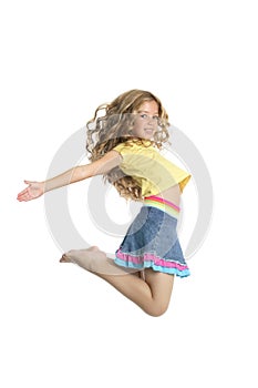 Little beautiful girl jumping isolated