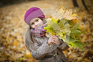 Little beautiful girl stands with a bouquet of maple orange leaves in the autumn park. She looks away and smiles. Dressed in a