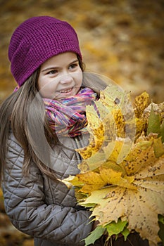 Little beautiful girl stands with a bouquet of maple orange leaves in the autumn park. She looks away and smiles. Dressed in a