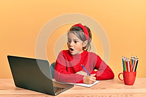 Little beautiful girl studying using computer laptop afraid and shocked with surprise and amazed expression, fear and excited face