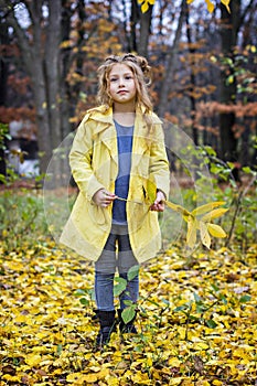 Little beautiful girl in a yellow raincoat walks in the park