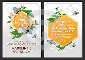 Little bee girl birthday party invitation with decor