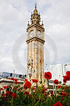 Little Big Ben in Belfast, Albert Memorial Clock Tower on sunny day with blue sky. Ireland