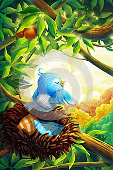 Little Bird in the Morning Forest with Fantastic, Realistic and Cartoon Style