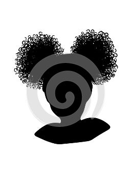 Little black african american girl head with curly pony tail puffs cricut vector silhouette illustration.