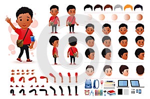 Little Black African Boy Student Character Creation Kit Template with Different Facial Expressions