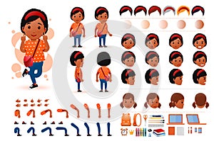 Little Black African Girl Student Character Creation Kit Template with Different Facial Expressions