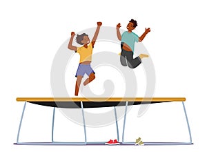 Little Black Boy And Girl Having Fun Jumping On Trampoline at Summer Vacation or Weekend. Kids Joy, Childhood, Activity