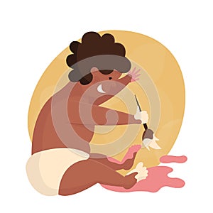 Little black fat funny toddler boy sitting on the floor. Baby brawler playing with paints. Children`s games. Flat illustration