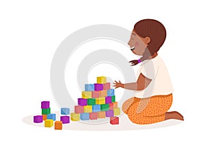 Little black-skinned girl playing with blocks. Vector illustration. Summer activities. Children playing outside. Funny