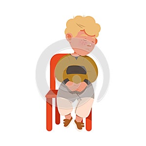 Little Blond Boy Afraid of Punishment Sitting on Chair with Guilty Look Vector Illustration