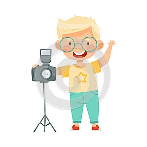 Little Blond Boy with Camera on Stand Taking Photograph Vector Illustration