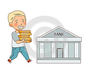 Little Blond Boy Carrying Pile of Coins in Bank Vector Illustration