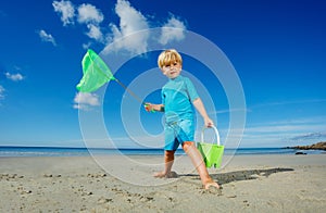 Little blond boy catcher of small critters on the ocean beach