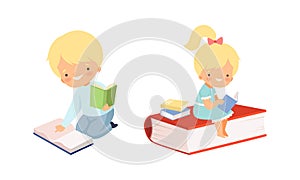 Little Blond Boy and Girl Reading Book Sitting on the Floor Vector Set