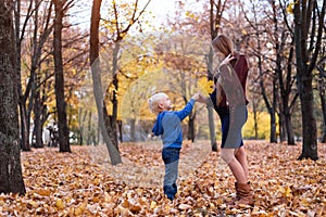 Little blond boy gives his pregnant mother yellow leaf. Autumn park on the background