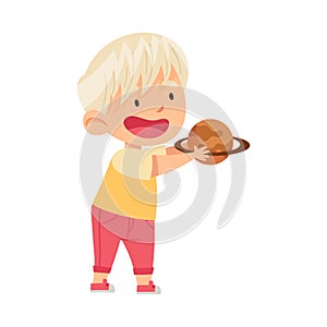 Little Blond Boy Holding Toy Planet Studying Space and Galaxy in Kindergarden Vector Illustration