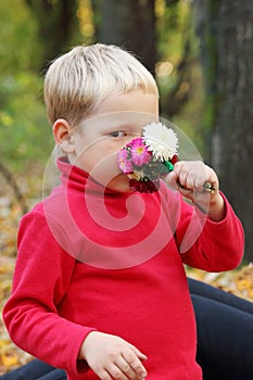 Little blond boy in red sniffs flowers