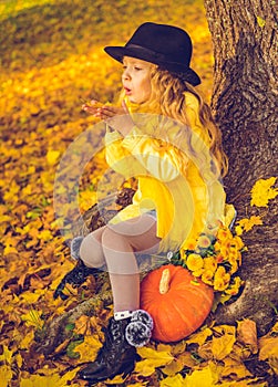 Little blond girl and big pumpkin in autumn background.