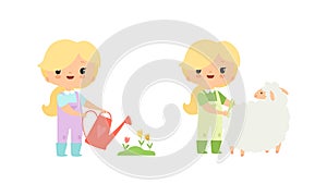 Little Blond Girl in Jumpsuit at Farm Watering Flowers and Shearing Sheep Vector Set