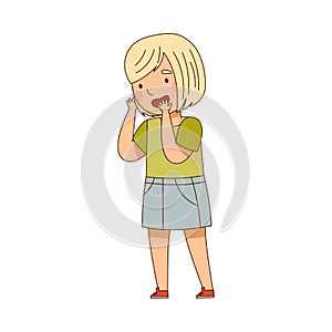 Little Blond Girl Standing Looking at Something with Interest Vector Illustration