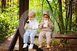 A little blonde boy and an African-American girl in a park on a bench eating a bar of white and dark chocolate