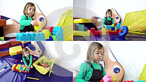 Little blonde girl 4-5 years old with different activities