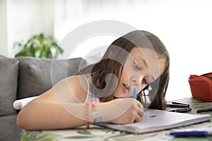 Little blonde girl doing homework in the dinning room. Empty copy space