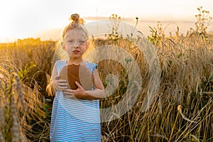 a little blonde girl in a rye field, a happy child with a rye round bread