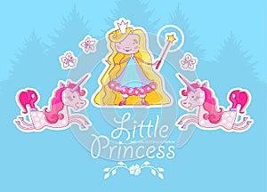 Little Blonde Hair Princess Design Template with Fantastic Unicorn, Magic Wand, Crown, Coniferous Forest and Flowers. Vector illus