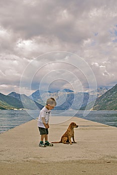 Little blondy boy is happy to meet with a puppy