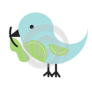 Little blue bird carrying a small green leaf. Flat cartoon illustration.