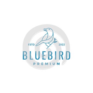 little blue bird perched branch leaves singing line art logo design vector icon illustration
